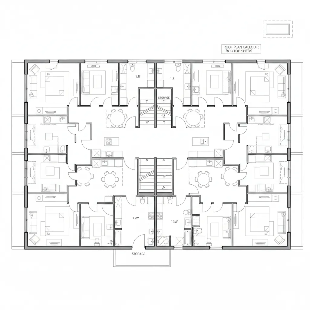 Top-down CAD plan of dual-aspect bar with mirrored corridors and split core