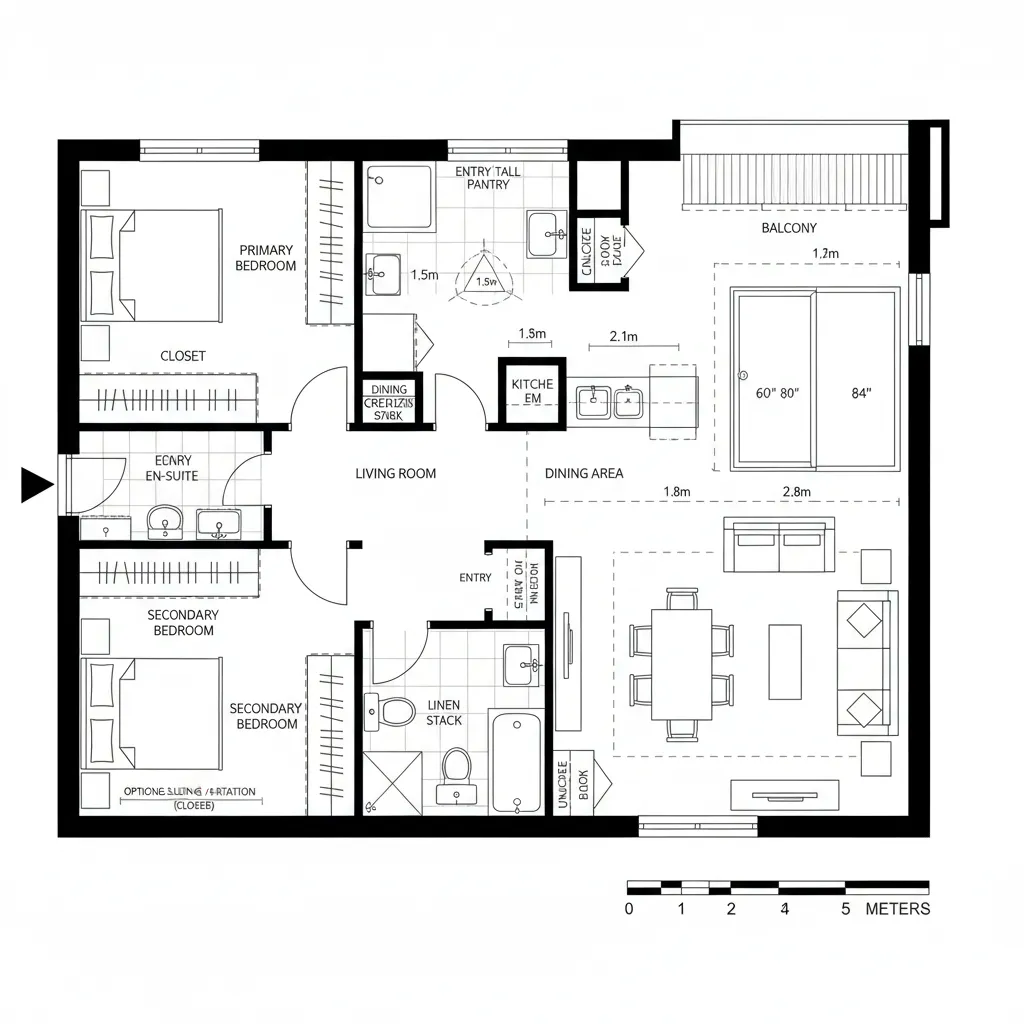 Top-down plan of dual-aspect living core and split bedroom wings