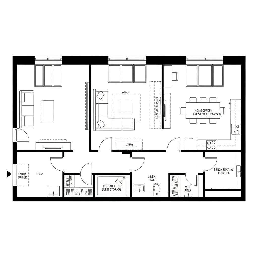 Top-down CAD plan with cross-ventilated living and sliding-partition flex room
