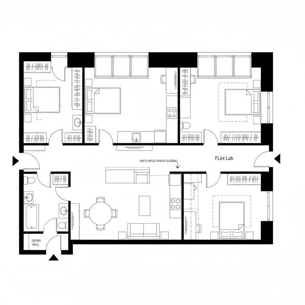 Top-down CAD plan with a gallery spine, dual-aspect living, and sliding flex room