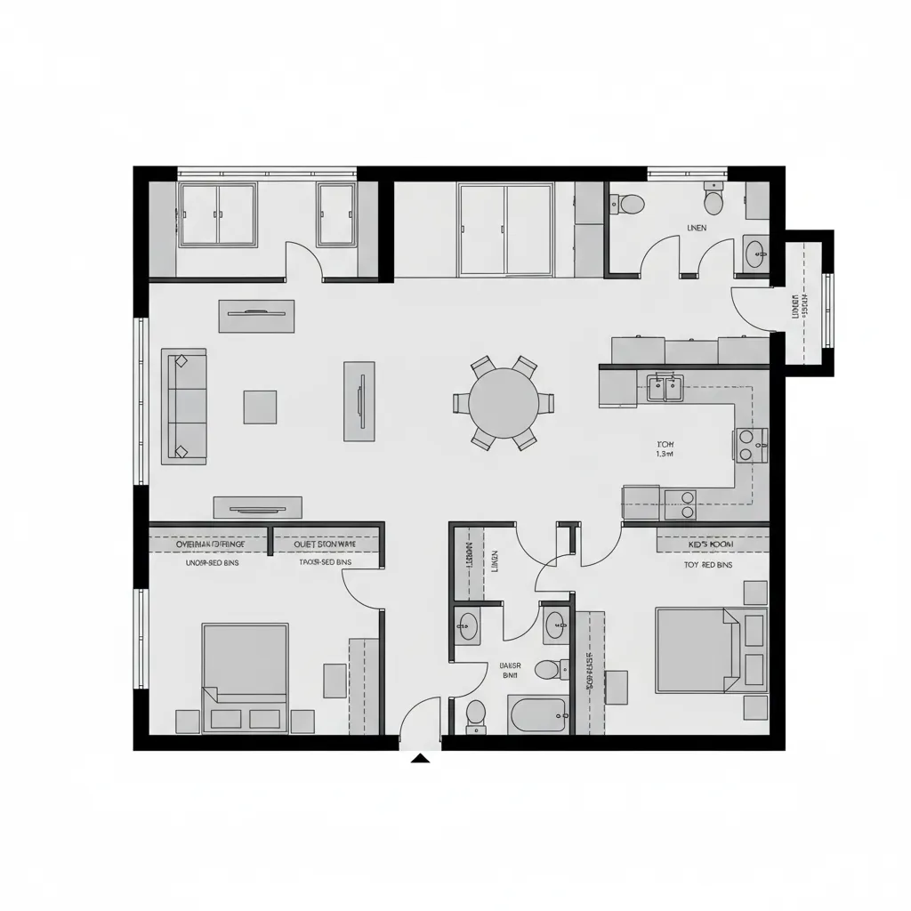 Spacious two bedroom flat layout with central dining table open kitchen living area and small balcony