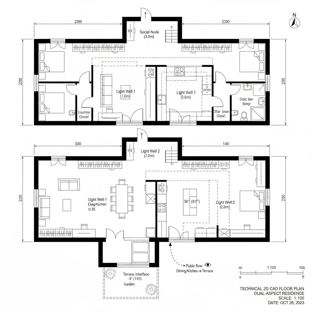 Top-down CAD plan with dual-aspect living, kitchen, and two sectional light wells