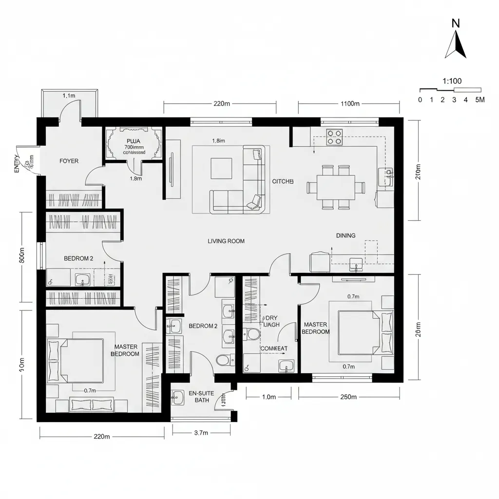 Detailed 2D room layout showing master bedroom kitchen living room and dining area with measurements