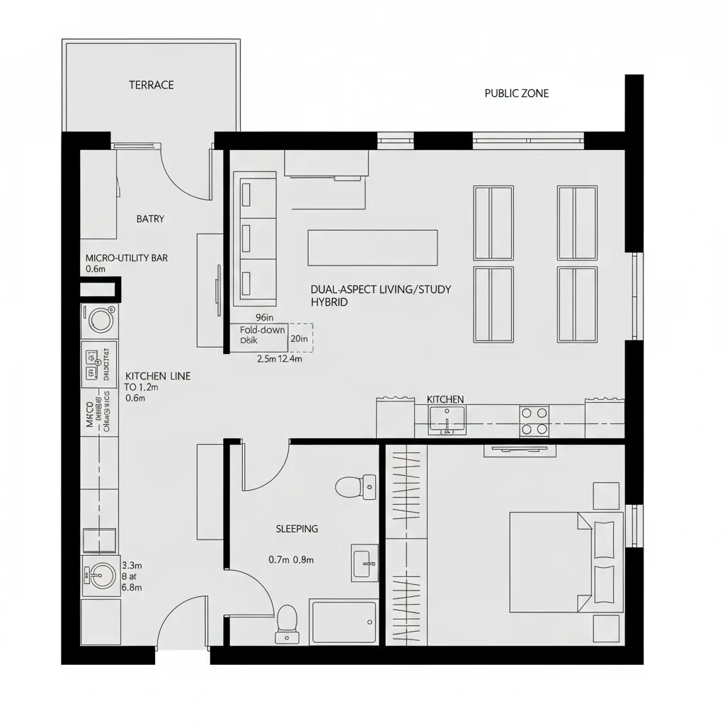 Floor plan showing a kitchen area sleeping space bathroom terrace and open living room layout