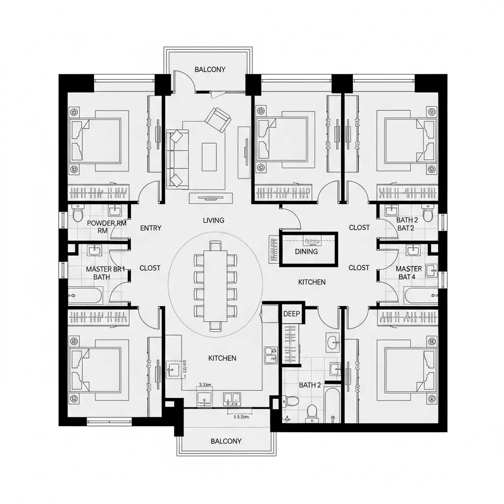Interior design drawing showing a large four bedroom apartment layout with central living and kitchen