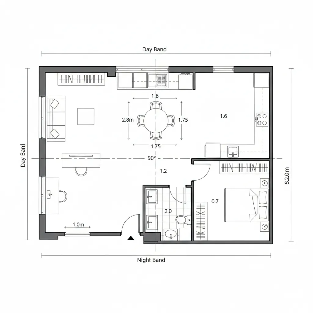 Top-down CAD plan of a dual-axis 1 BHK with day and night bands and a pivot node