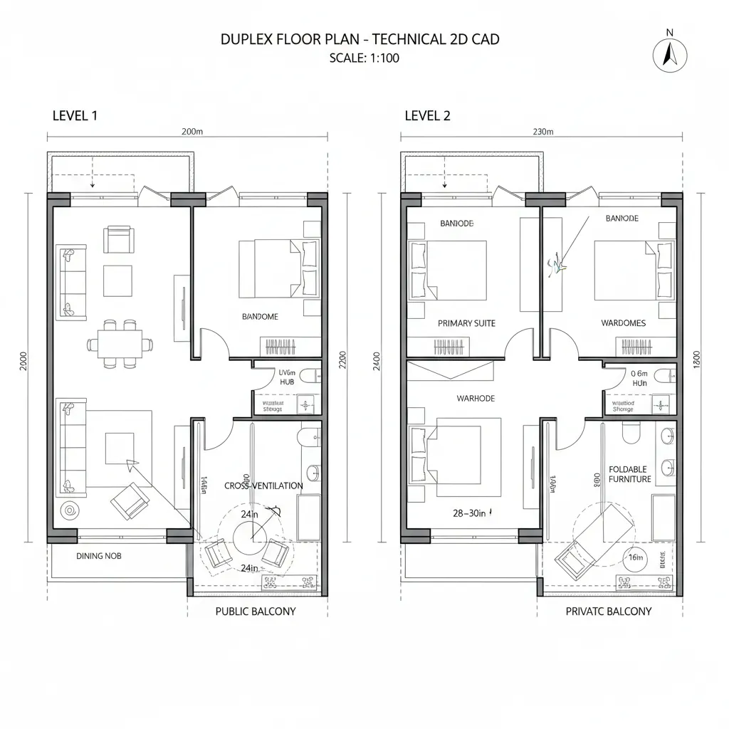 CAD plan highlighting public balcony off living and private balcony off primary suite with cross-vent links