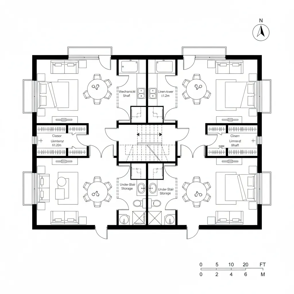 Architectural floor plan showing four apartment units with bedrooms dining areas bathrooms and central shared stairs