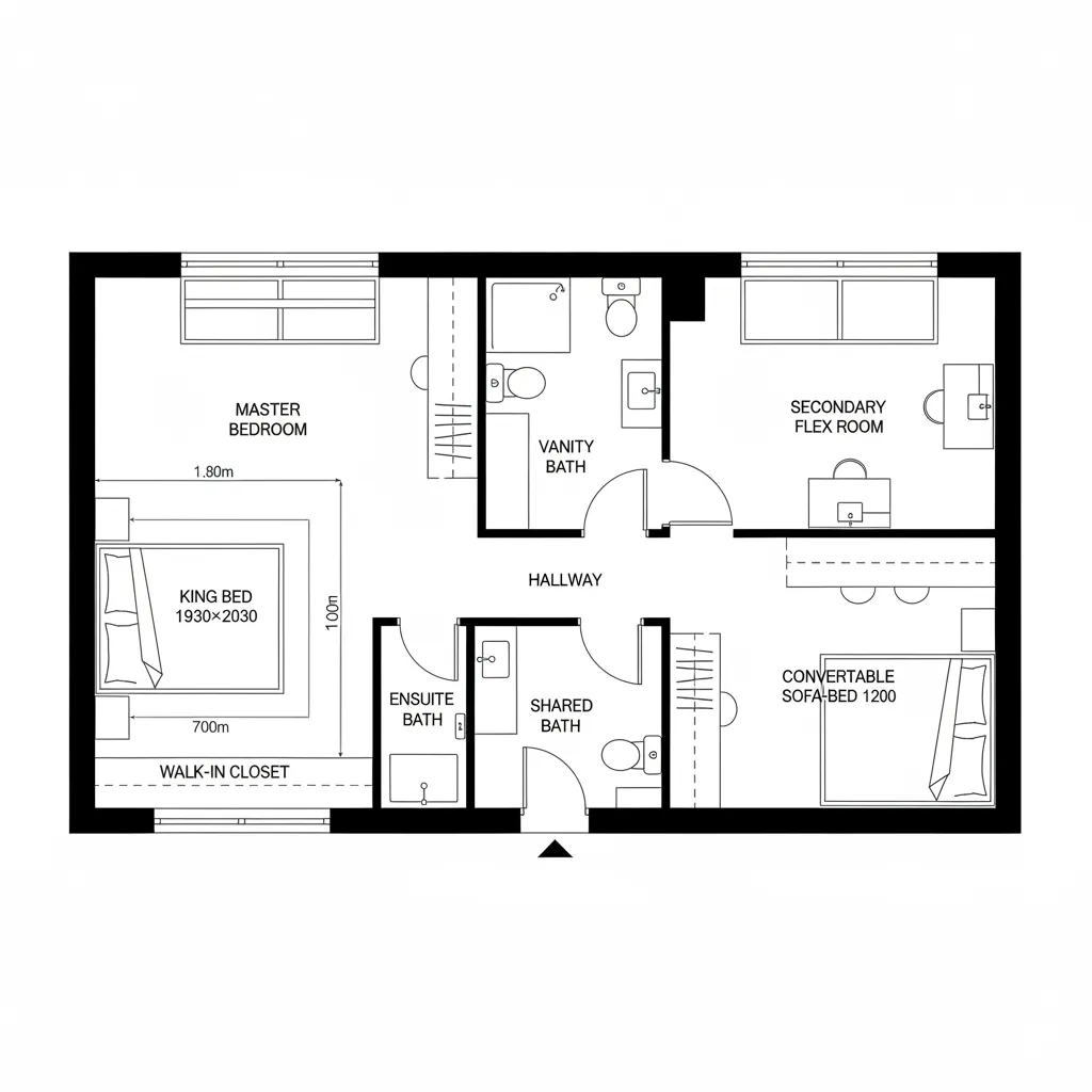 Top-down CAD plan of primary suite and flexible secondary bedroom