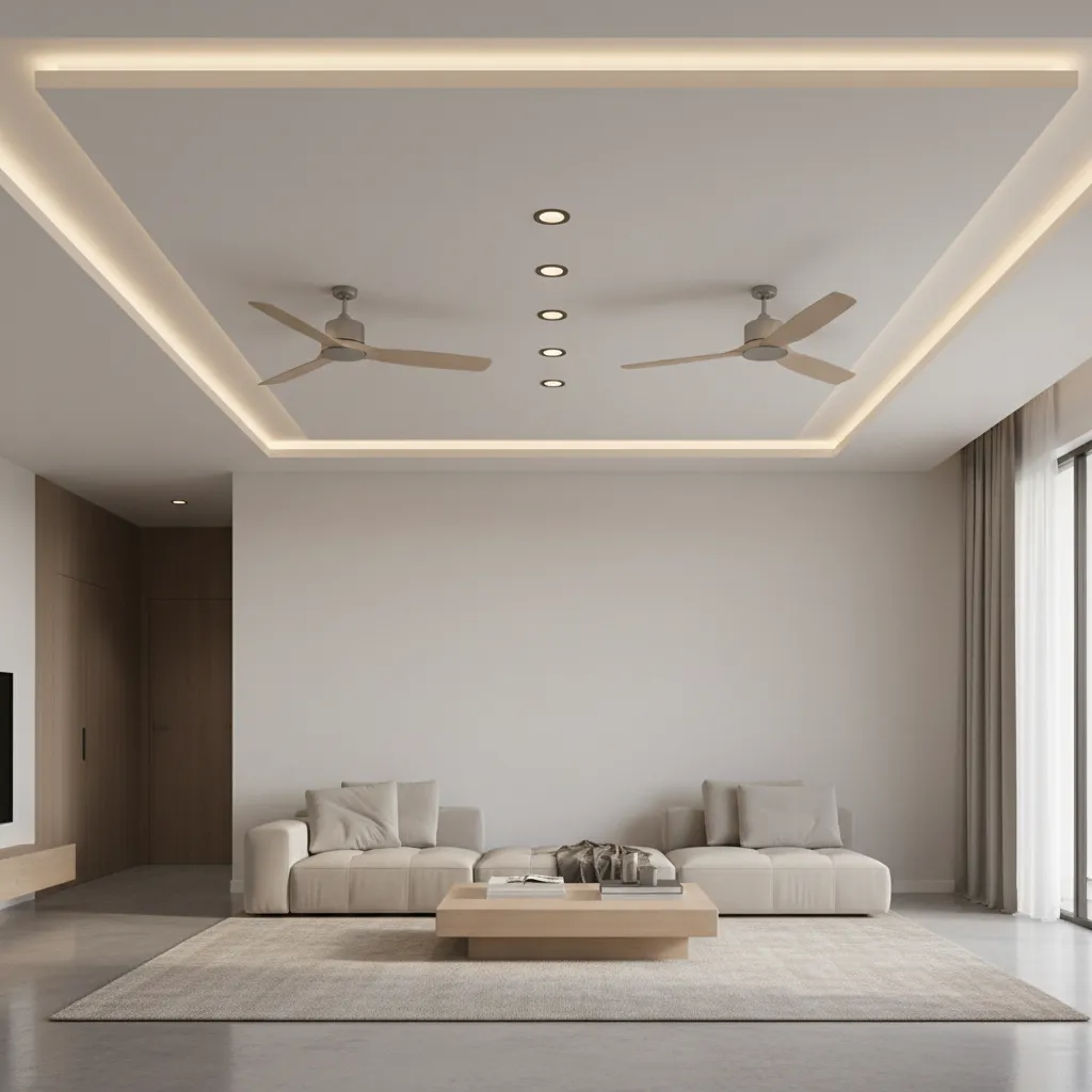 Living room false ceiling with two fans and balanced lighting layout