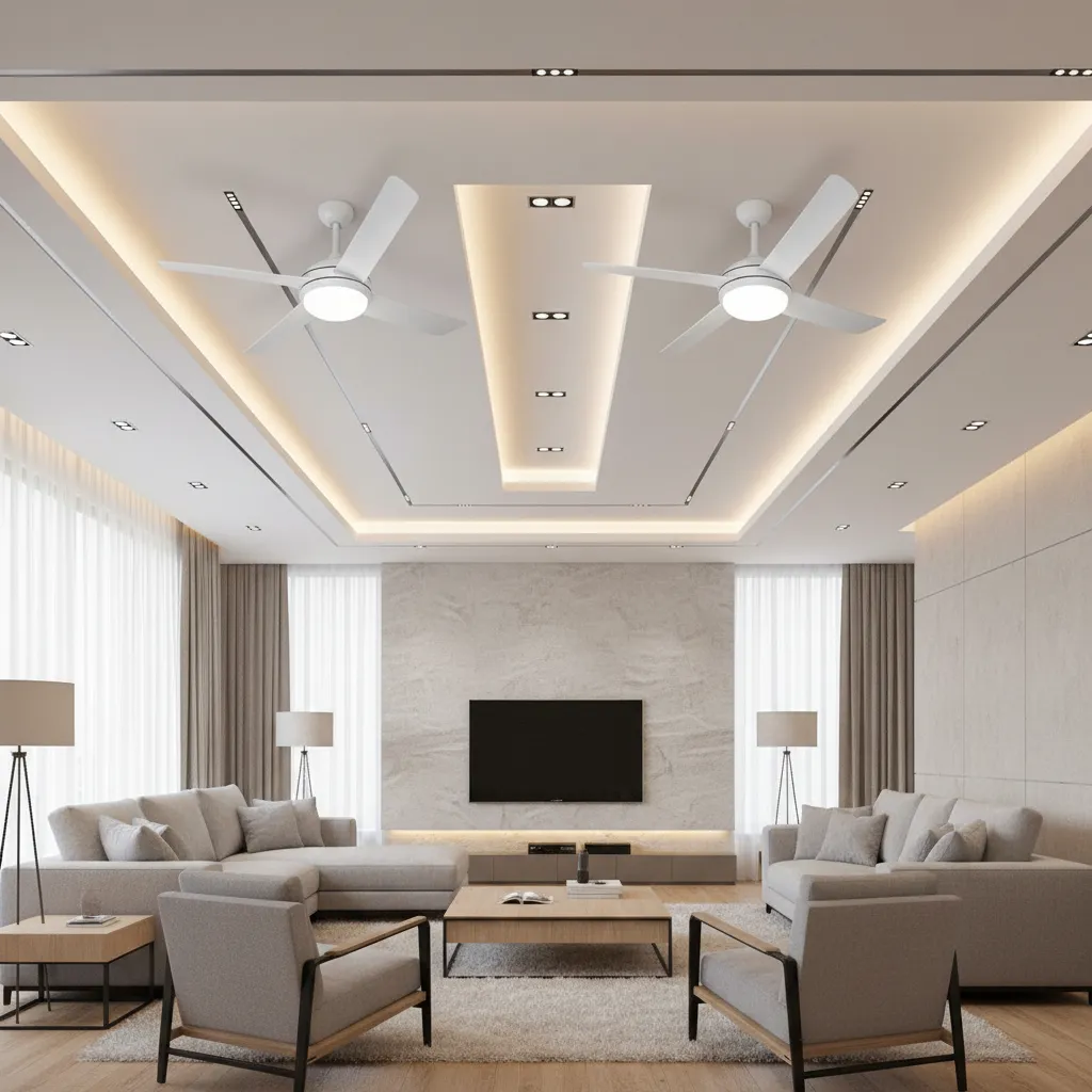Living room false ceiling with two ceiling fans and recessed lighting layout