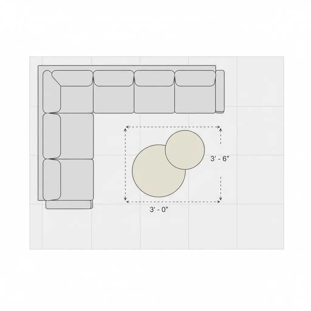 Top view floor plan showing sectional sofa with two round coffee tables and dimension markings