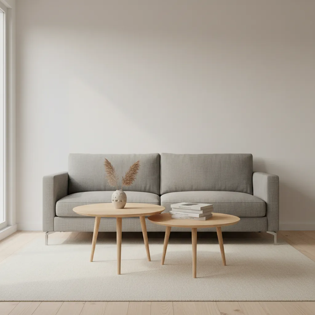 two round coffee tables placed with proper spacing in front of sofa