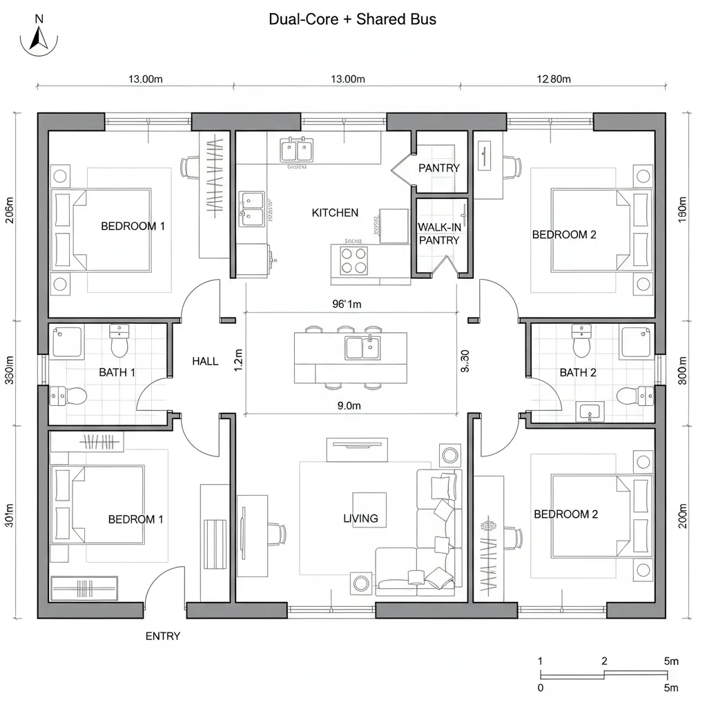 Interior design drawing showing a floor plan with kitchen living room bathrooms and four bedrooms
