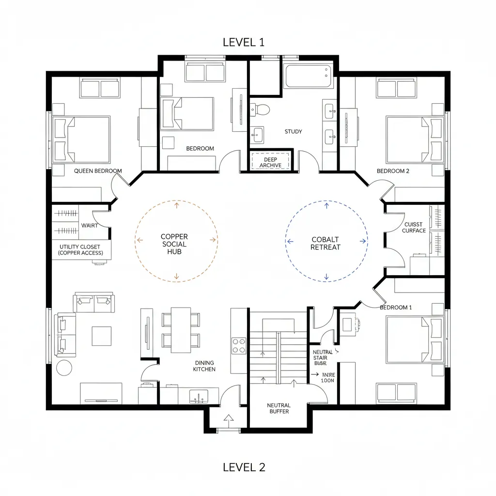 Level one floor plan showing several bedrooms study room dining kitchen and large central living areas