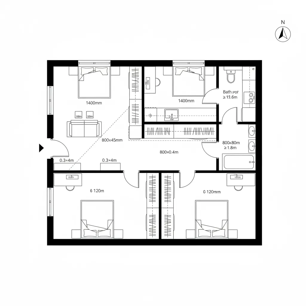 Modern apartment floor plan showing four bedrooms central corridor living space kitchen and a bathroom