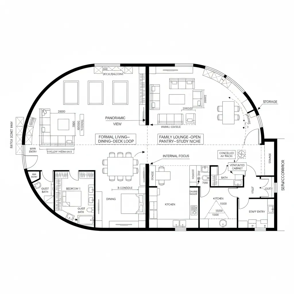Top-down CAD plan of dual living cores with formal and family loops and a parallel service corridor.