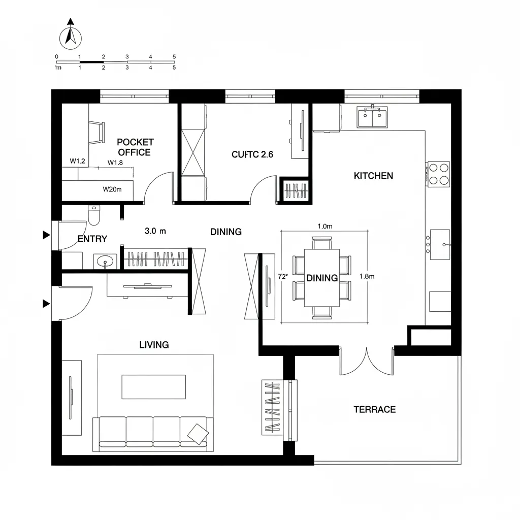 2D floor plan of living, dining, kitchen loop with pocket office and terrace