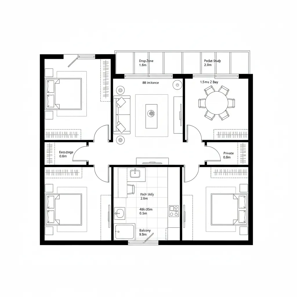 Interior design drawing showing top view of four bedroom apartment with dining room and kitchen
