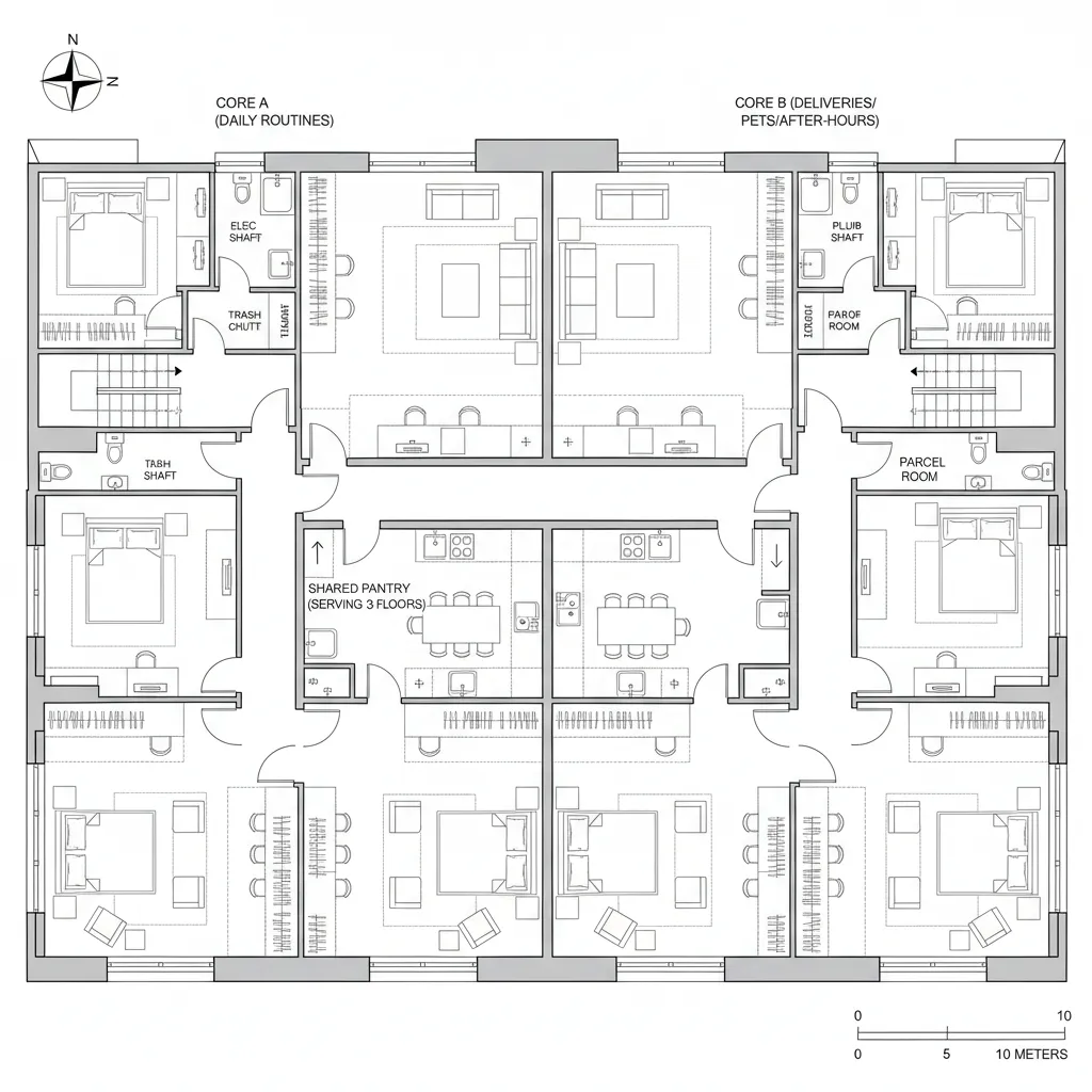 Detailed apartment floor plan showing several bedrooms and a shared kitchen with a large table