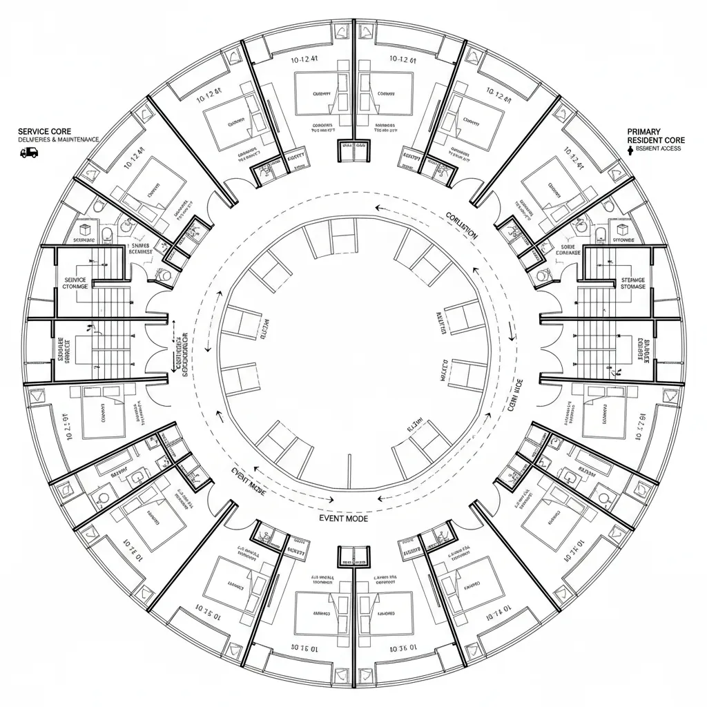 Top-down CAD plan emphasizing dual stair cores and bifurcated circulation