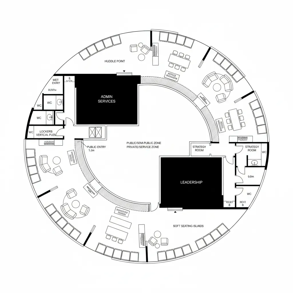 Top-down CAD plan with two operational cores wrapped by a collaboration ring and huddle points