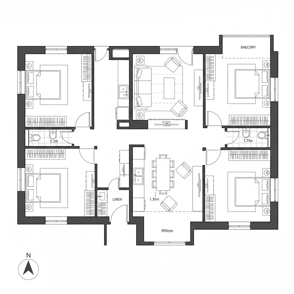 Top-down CAD plan of central spine with split bedroom wings