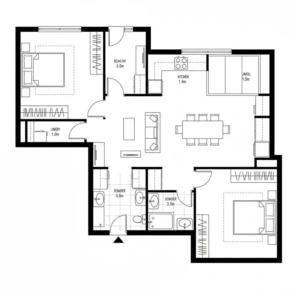 Modern apartment floor plan layout showing two bedrooms two bathrooms living room and dining area furniture