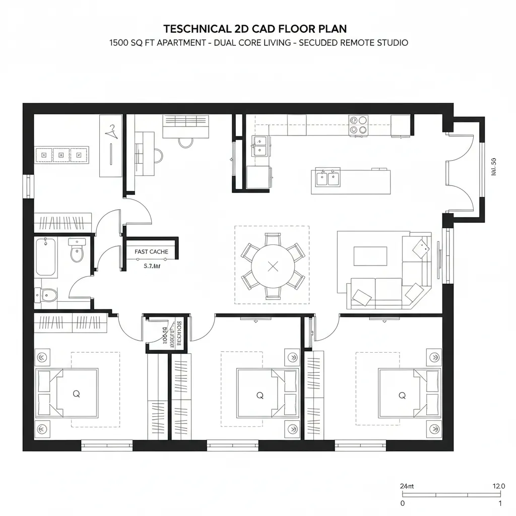 Top-down CAD plan showing dual-core living with secluded studio
