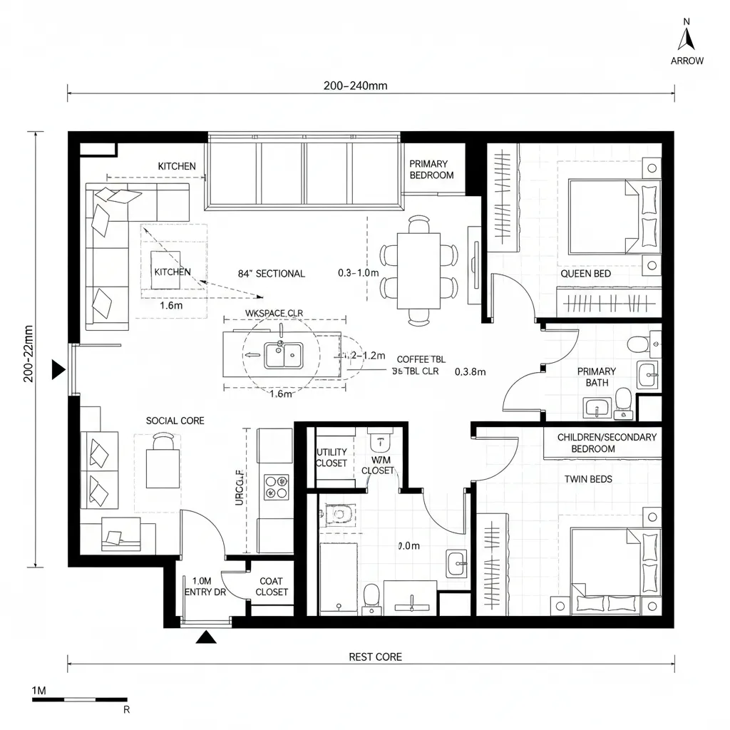 Top-down CAD plan of a two-bedroom with social and rest cores linked by a central hall