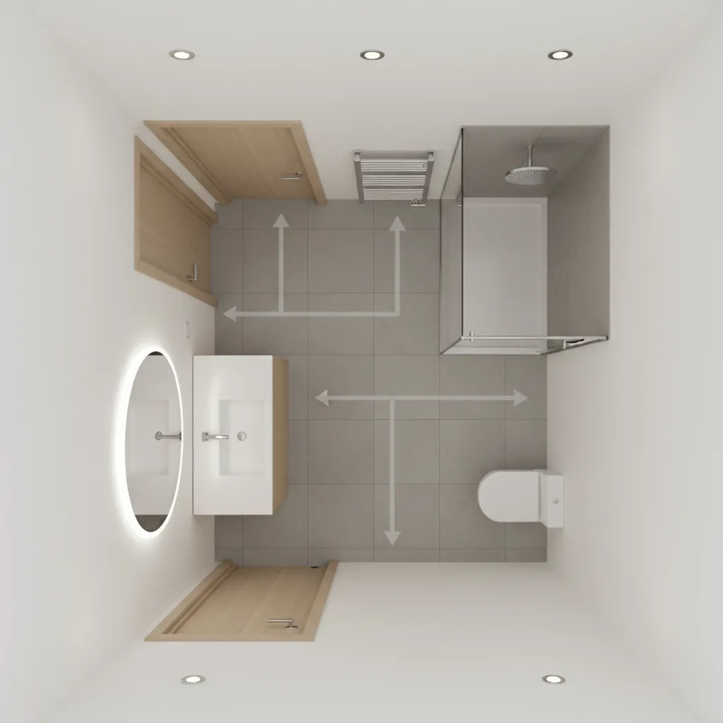 8x10 bathroom layout showing two entrances and circulation paths