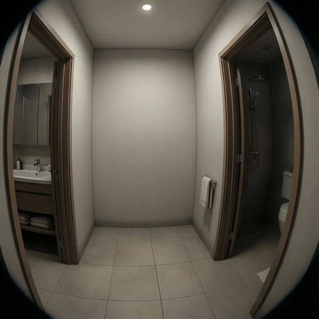 8x10 bathroom layout showing two doors limiting wall space for vanity placement