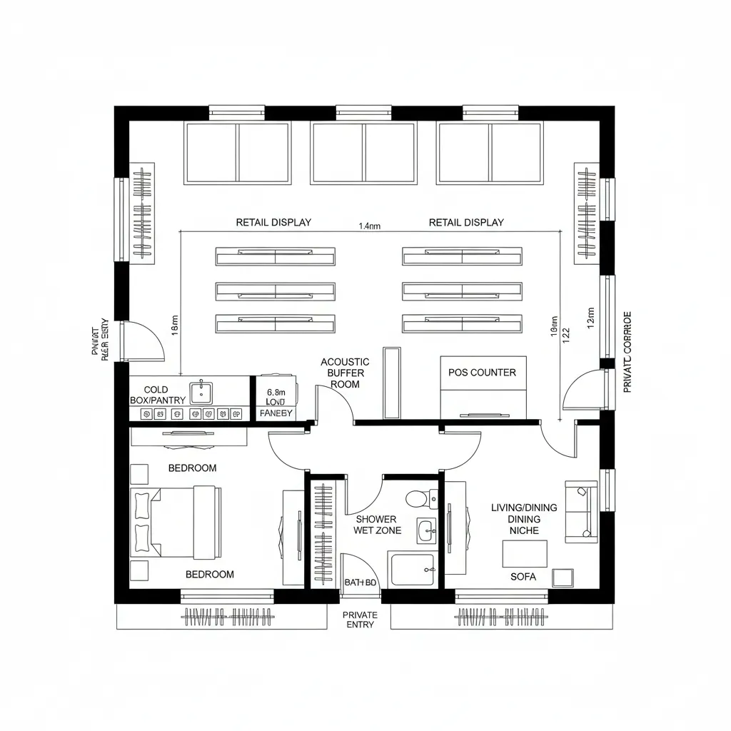 2D CAD floor plan with front retail, central spine, and private rear rooms
