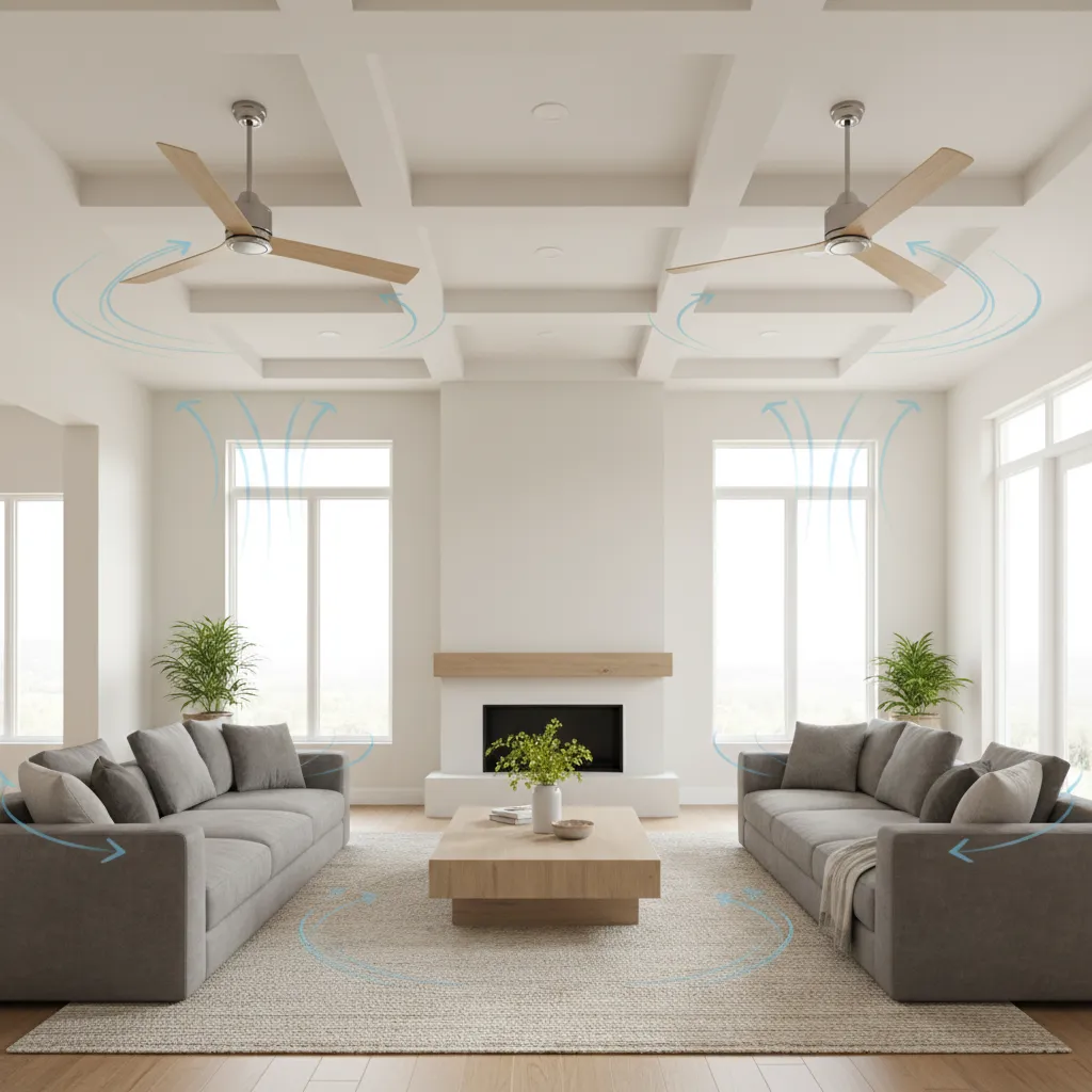 Airflow distribution from two ceiling fans in large living room