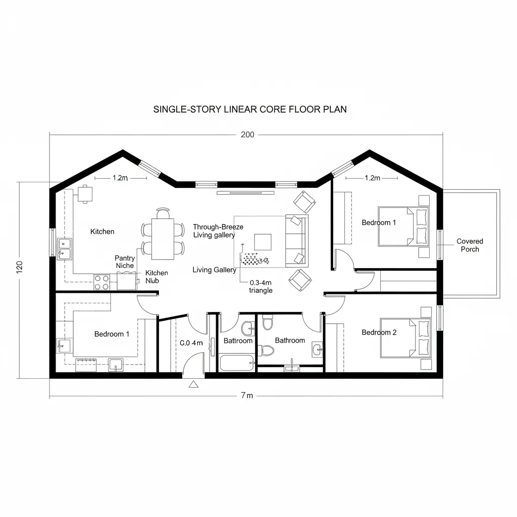 Single story home floor plan with labeled rooms including kitchen living gallery and three bedroom spaces