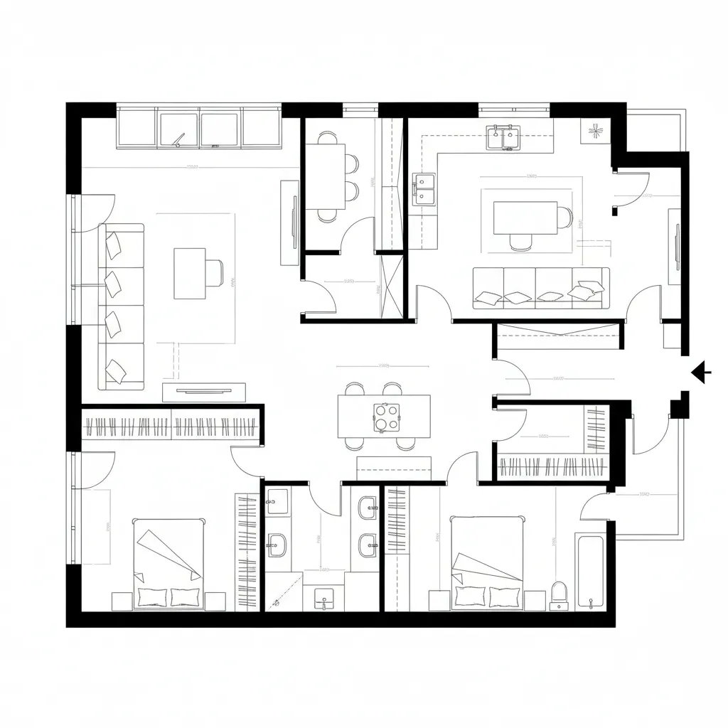 Black and white floor plan drawing showing two bedrooms a kitchen and a large living area