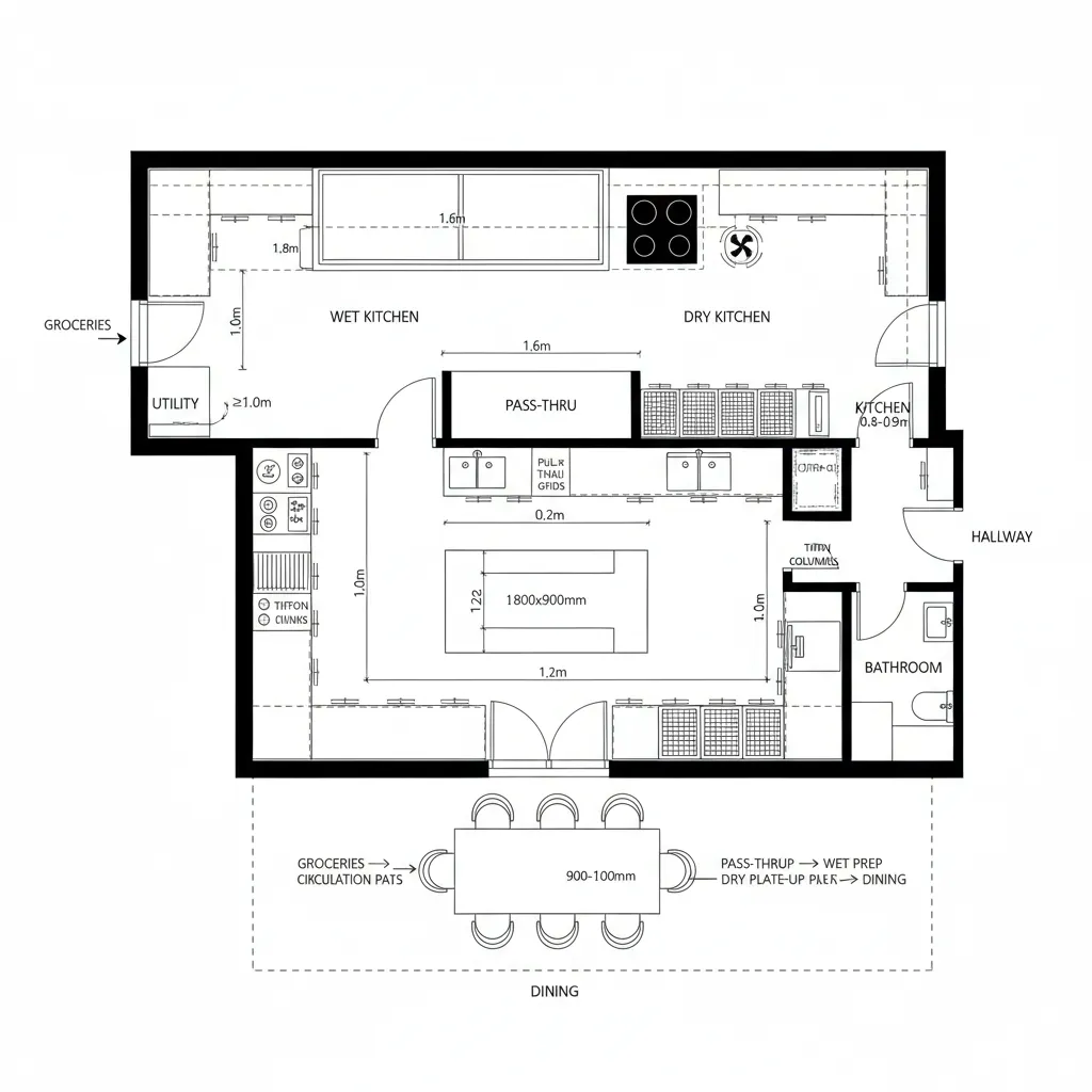 Top-down CAD plan showing wet and dry kitchen zones with pass-through and dining adjacency