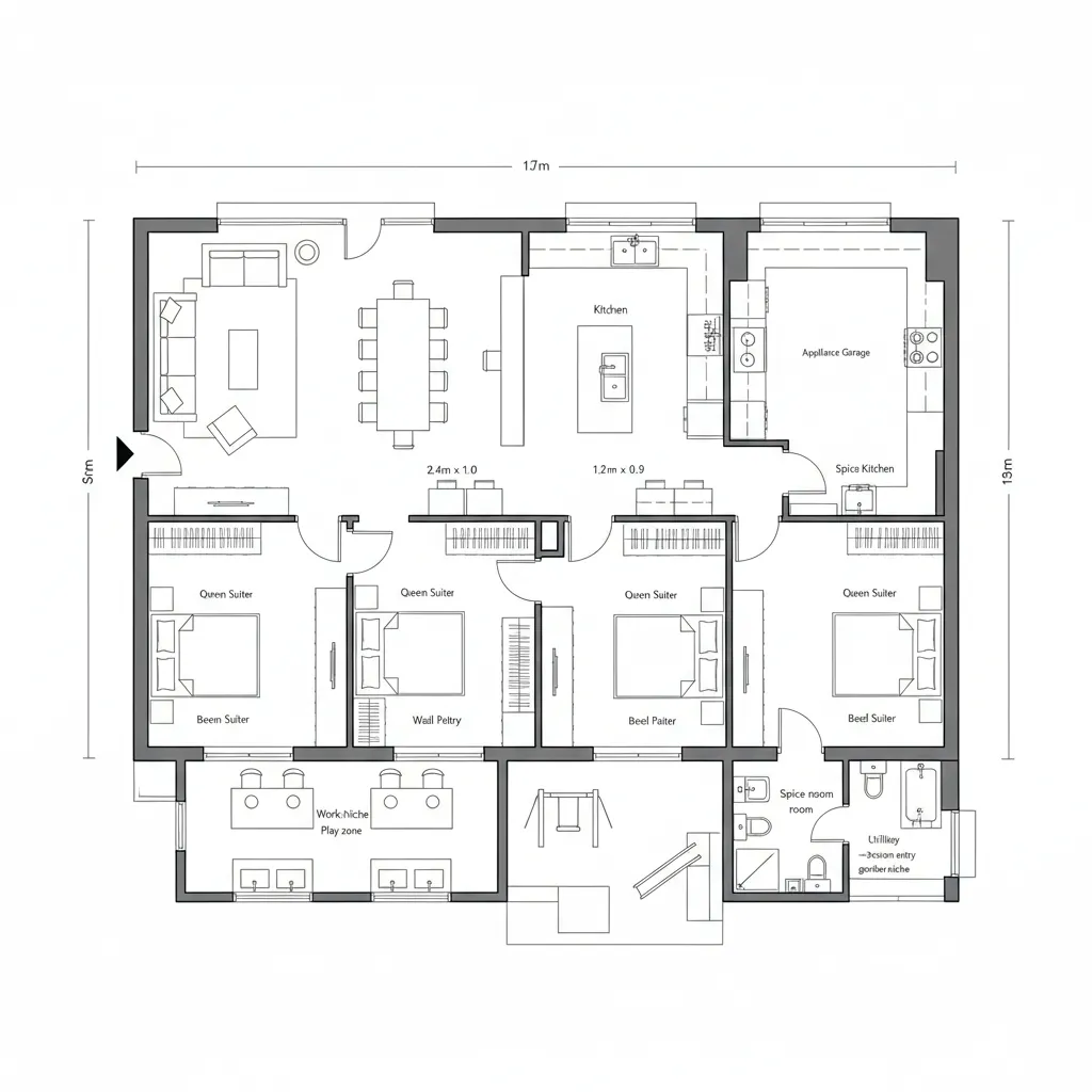 Top-down CAD plan of dual kitchens with garden-edge work niche