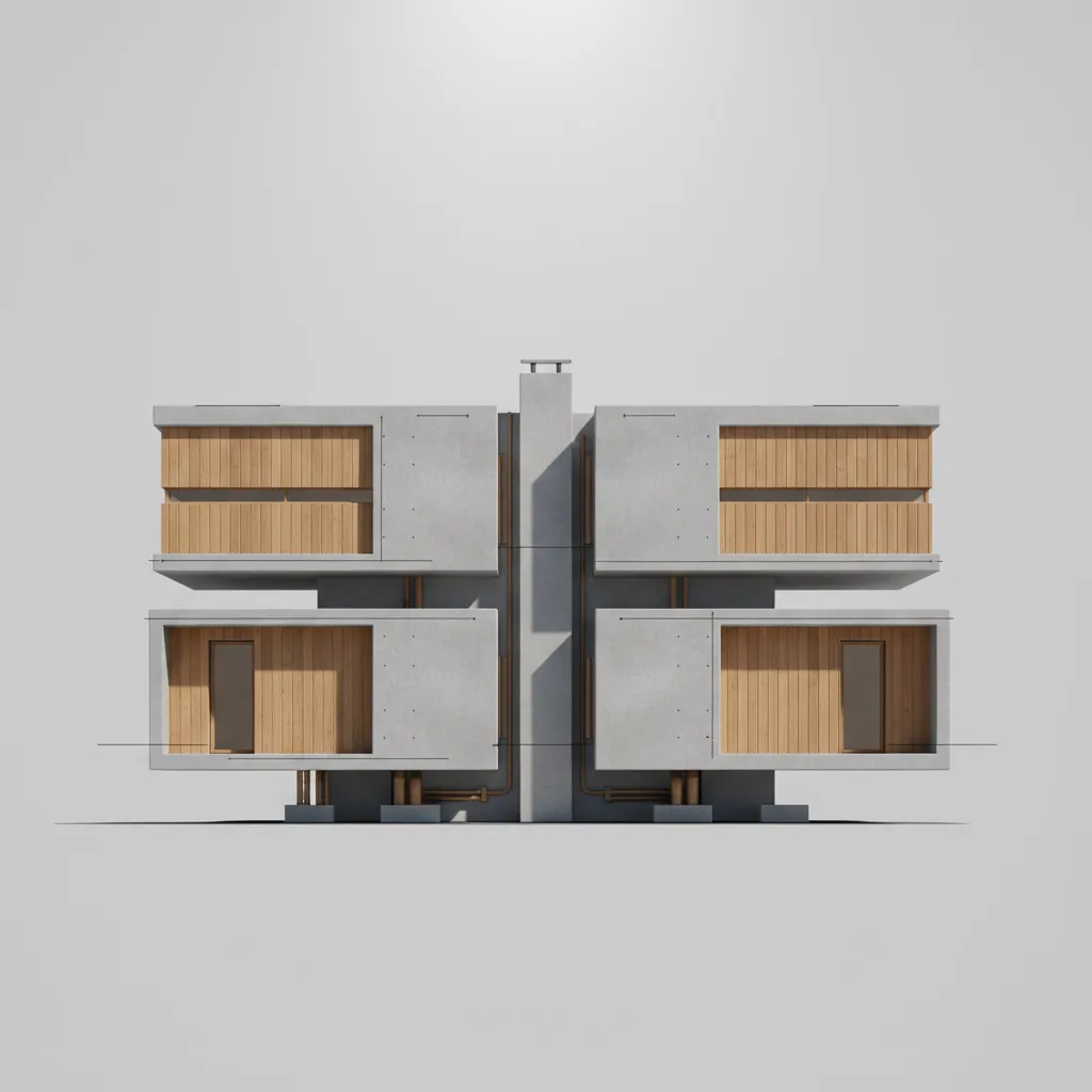 Modern building interior design drawing with concrete walls wooden panels symmetrical structure on clean background