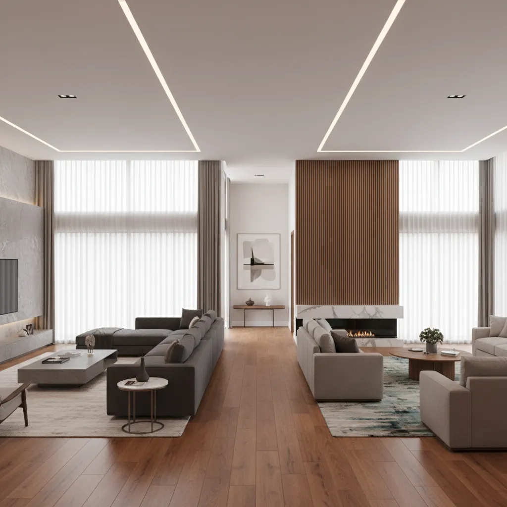 modern house interior with two separate living rooms connected by hallway