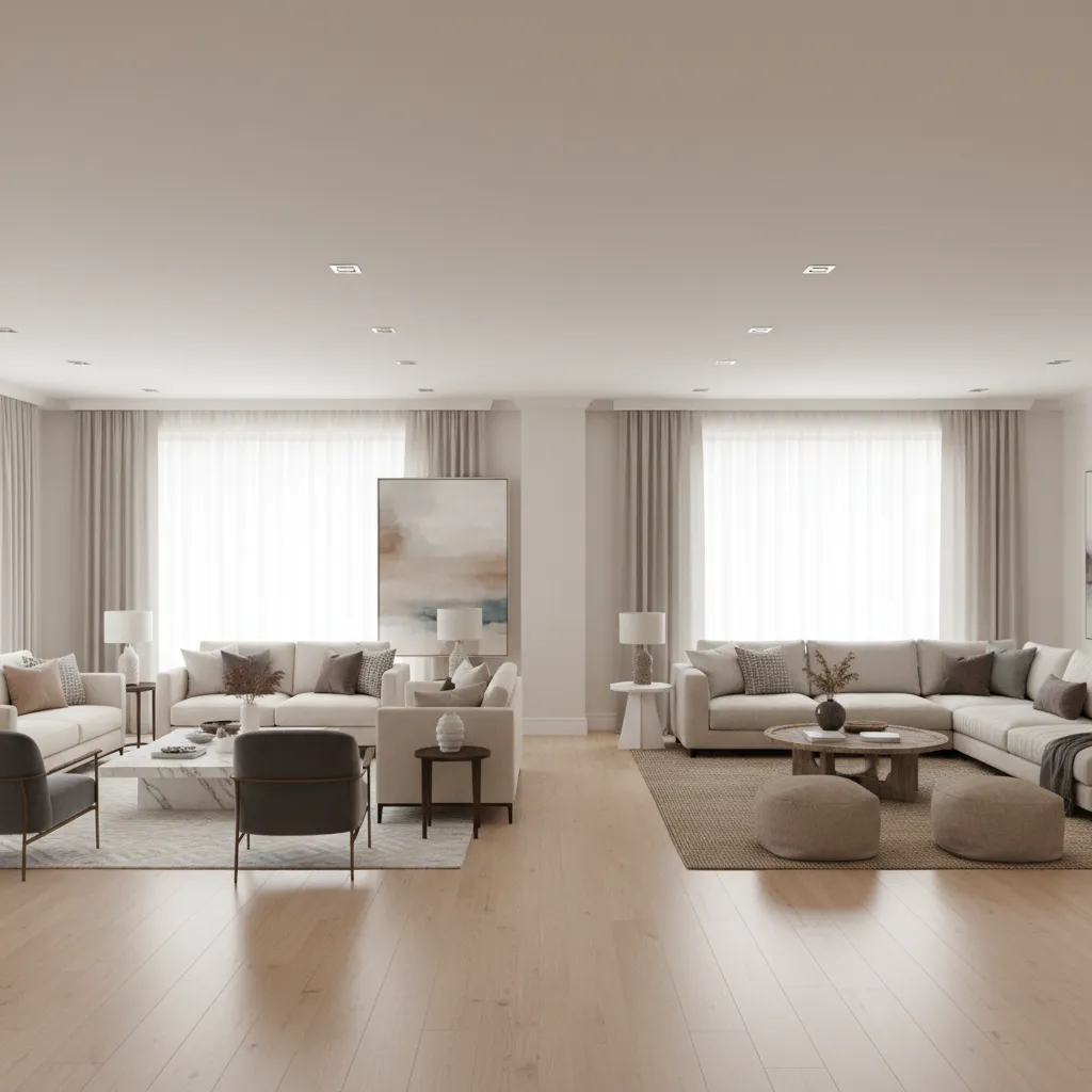 Open concept home interior showing two adjacent living rooms with different functions