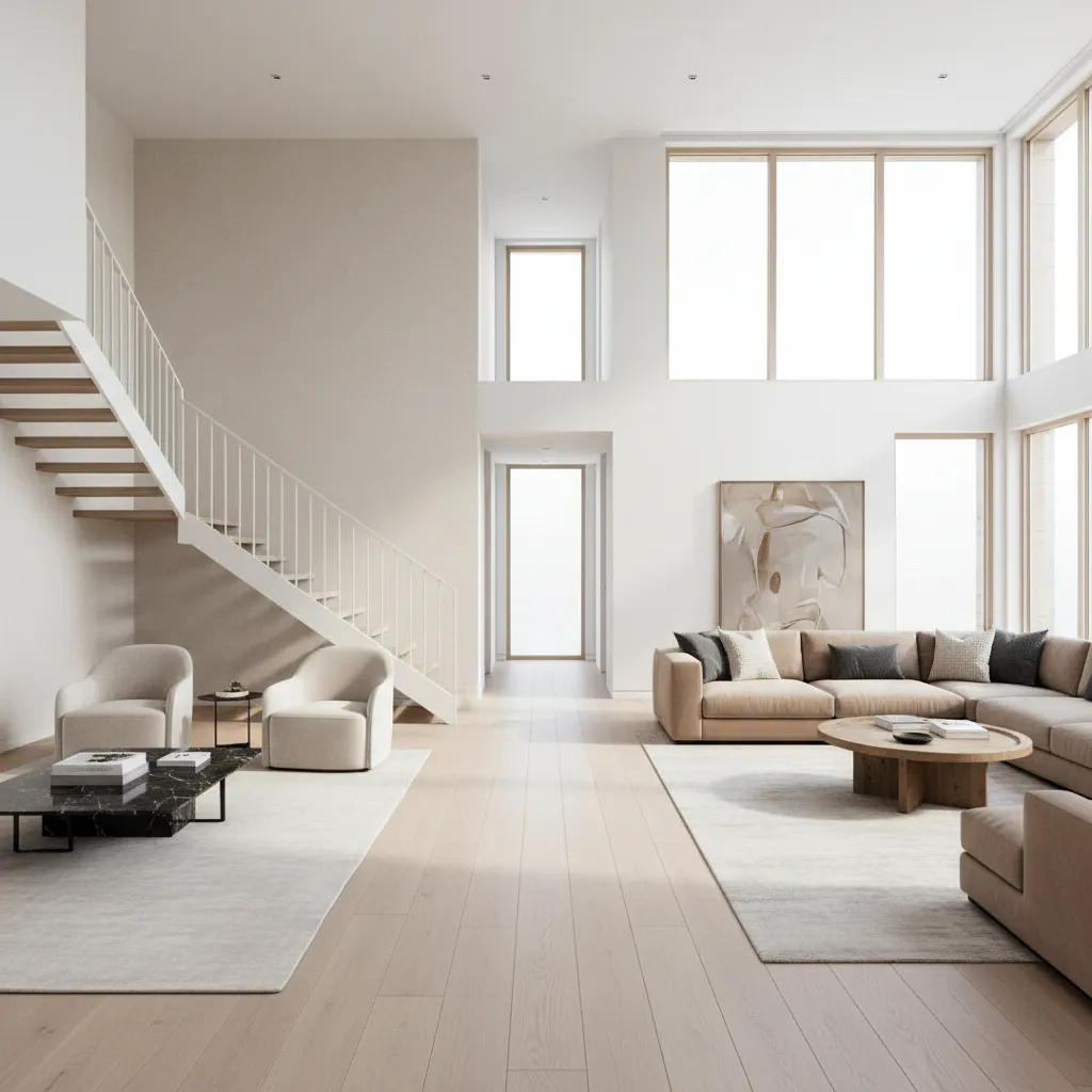 Open floor plan house interior showing two separate living rooms with different furniture styles
