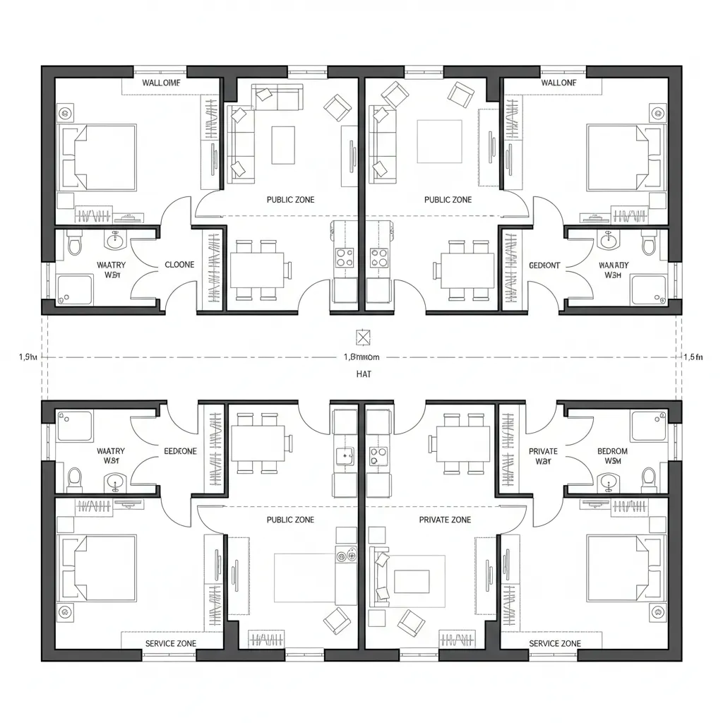Top-down CAD plan of dual-loaded corridor with mirrored apartment units