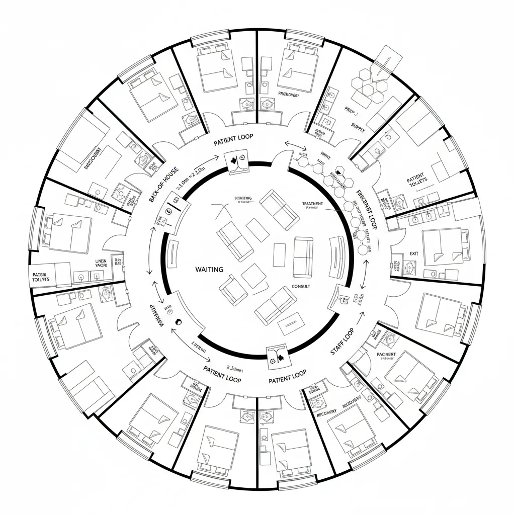 Top-down plan showing separated patient and staff circulation loops with controlled crossovers
