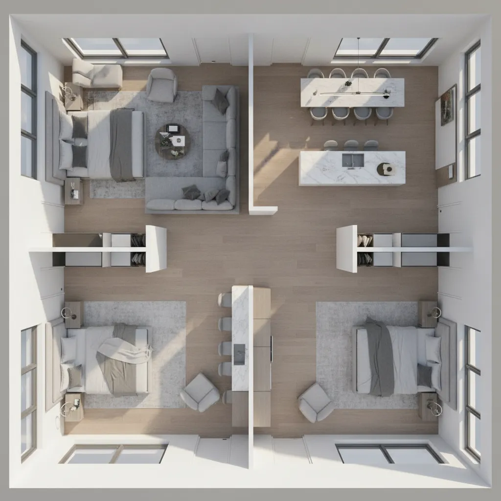 Example home layout showing two primary bedrooms separated by central living spaces