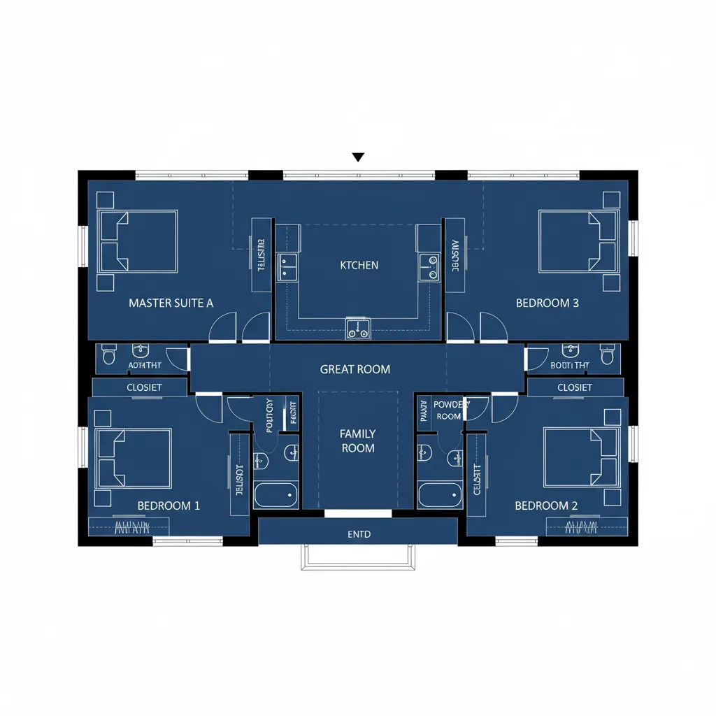 floor plan layout showing two master suites on opposite sides of a home