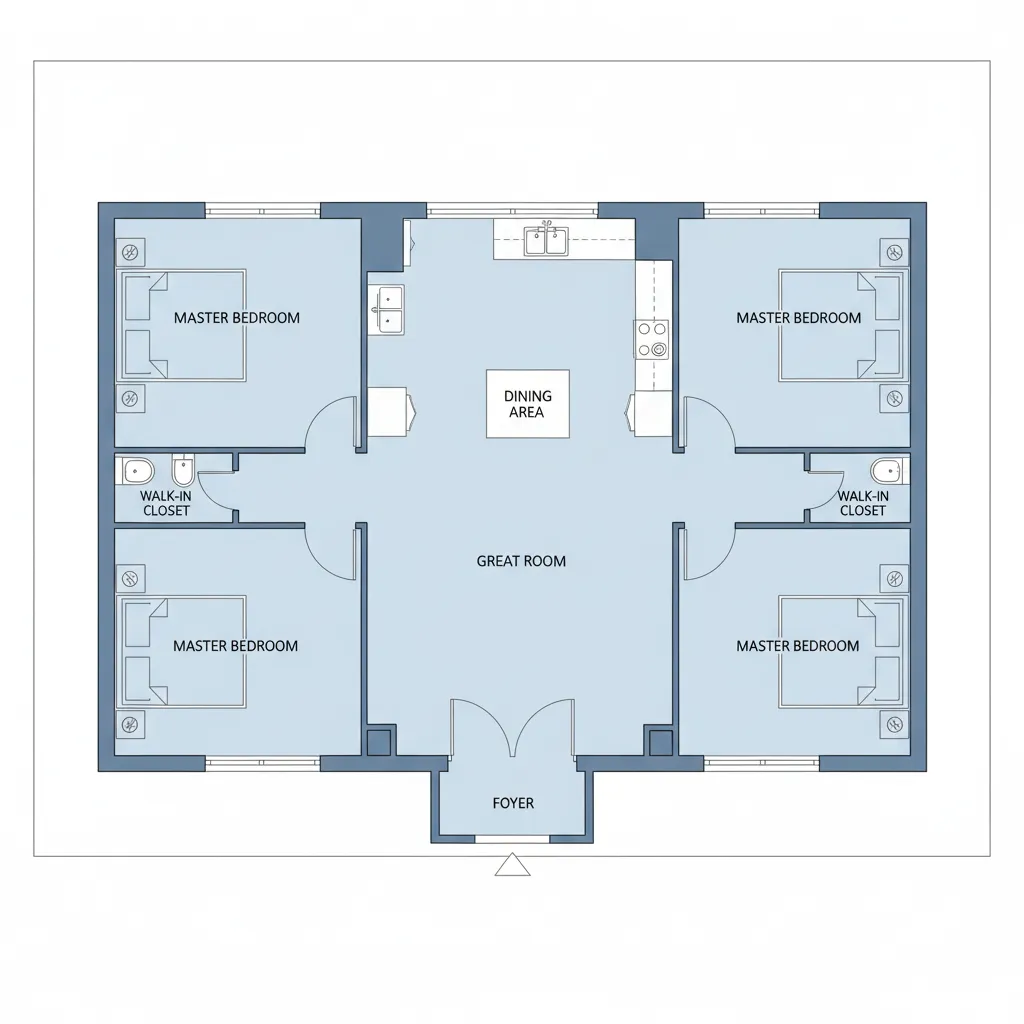 Architectural floor plan showing two master suites on opposite sides of a house