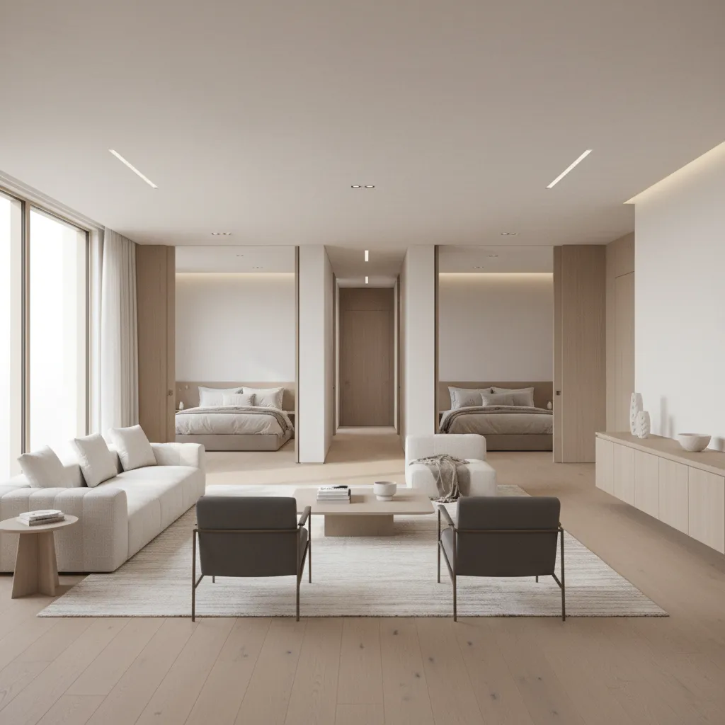 modern home interior showing central living room with bedroom wings on both sides