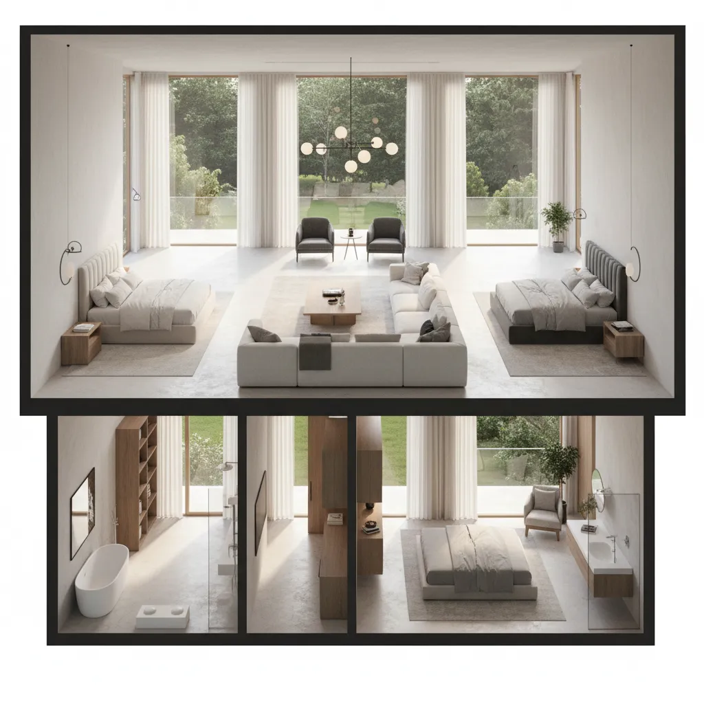 interior perspective of modern home layout with two master suites on opposite sides