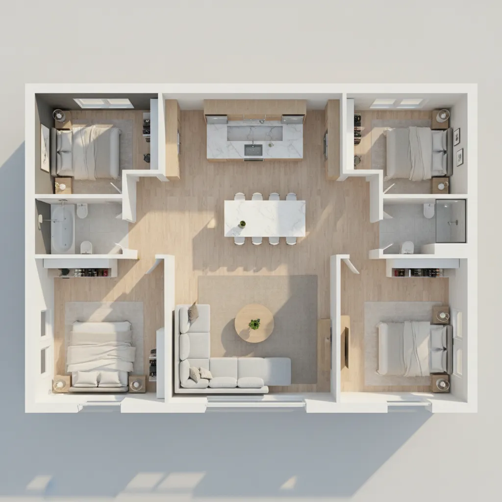 top view floor plan of house with two separated master suites and central living area